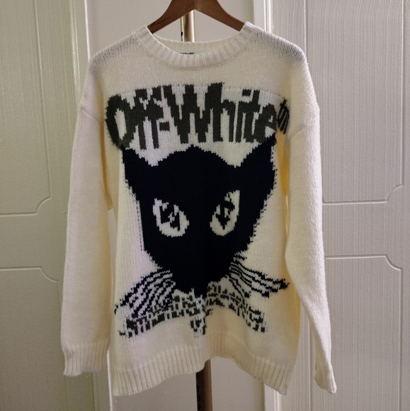 OFF- White intarsia Knit Jacquard Chunky Cat Crewneck Sweater